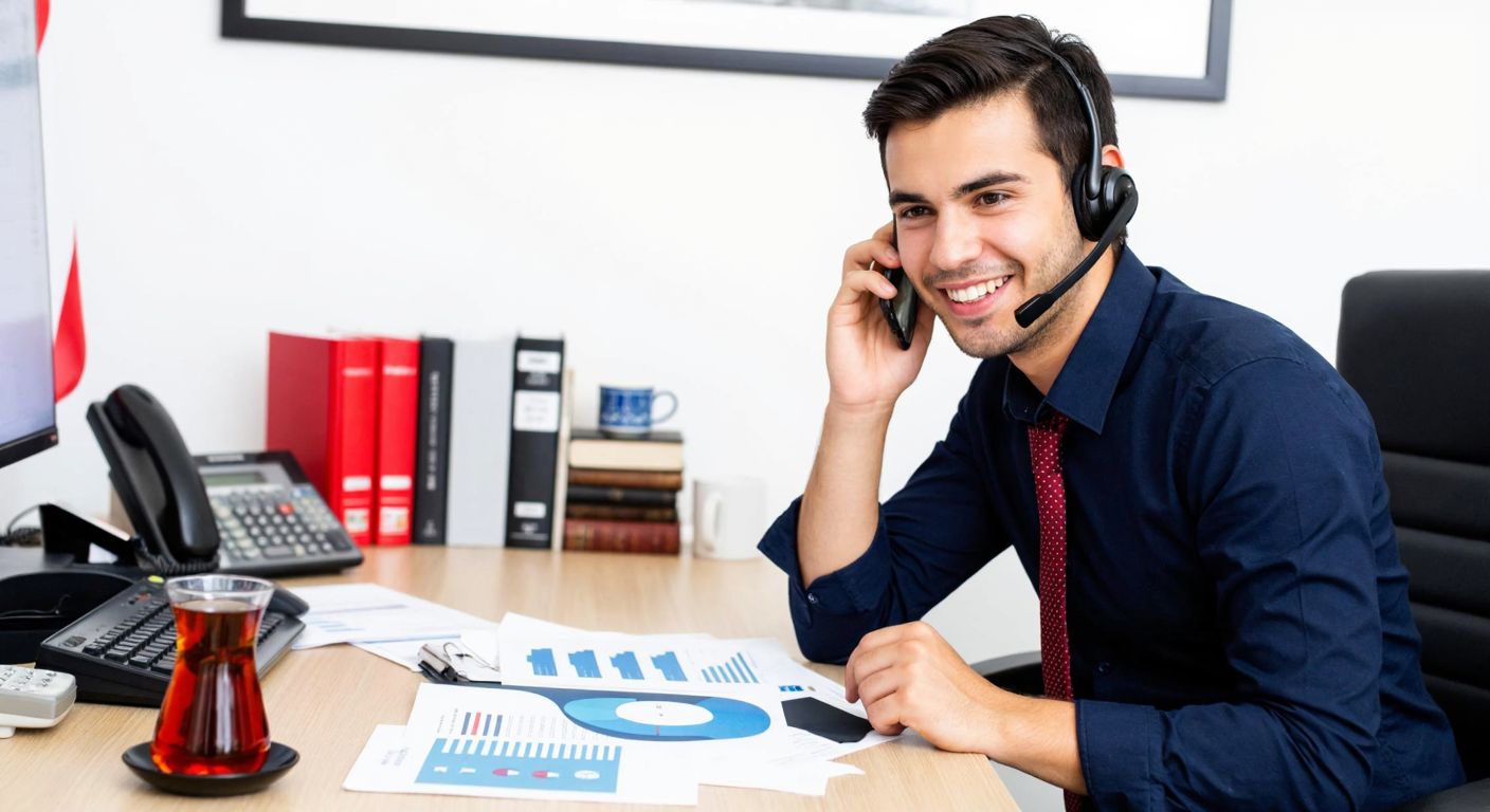 A determined young entrepreneur in a small Turkish office, wearing a headset and holding a phone, smiles while dialing a number, with a neatly organized desk featuring a steaming cup of Turkish tea and business documents in the background.