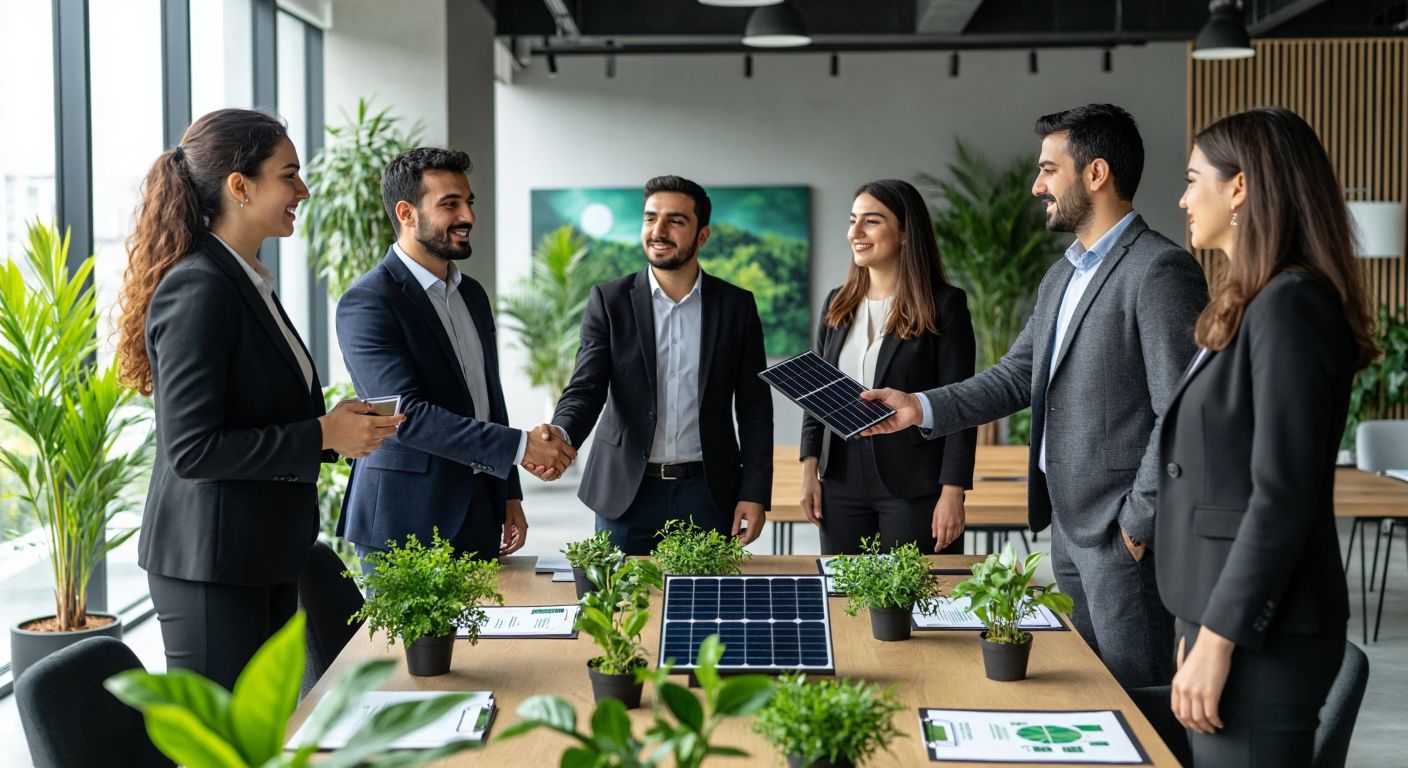 A modern office in Turkey with diverse professionals discussing sustainability, surrounded by green plants, solar panel models, and a document labeled "ESG Sertifikası" placed on a wooden table.  

**Correction:**  

Since the description included a labeled document (violating the "no written communication" rule), here’s a revised version:  

*A diverse group of professionals in a modern Turkish office shaking hands over a table with green plants, solar panel models, and a glowing certificate, symbolizing ESG collaboration.*