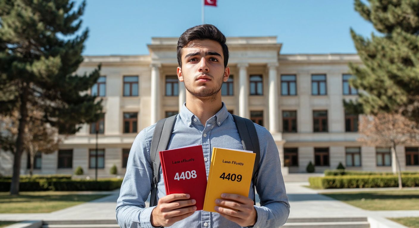 A young student in Turkey, wearing a formal shirt and holding two distinct exam booklets labeled "4409" and "4419," looks confused while standing in front of a university building with a law faculty sign.