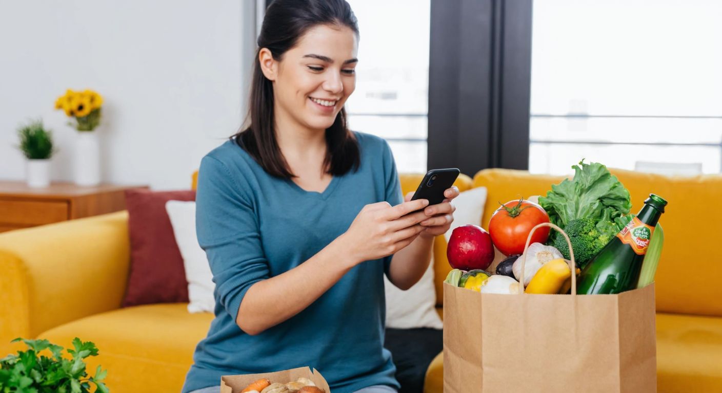 A smiling Turkish woman in a cozy home setting, holding a smartphone while unpacking a grocery bag filled with fresh produce and packaged goods from Gürmar.