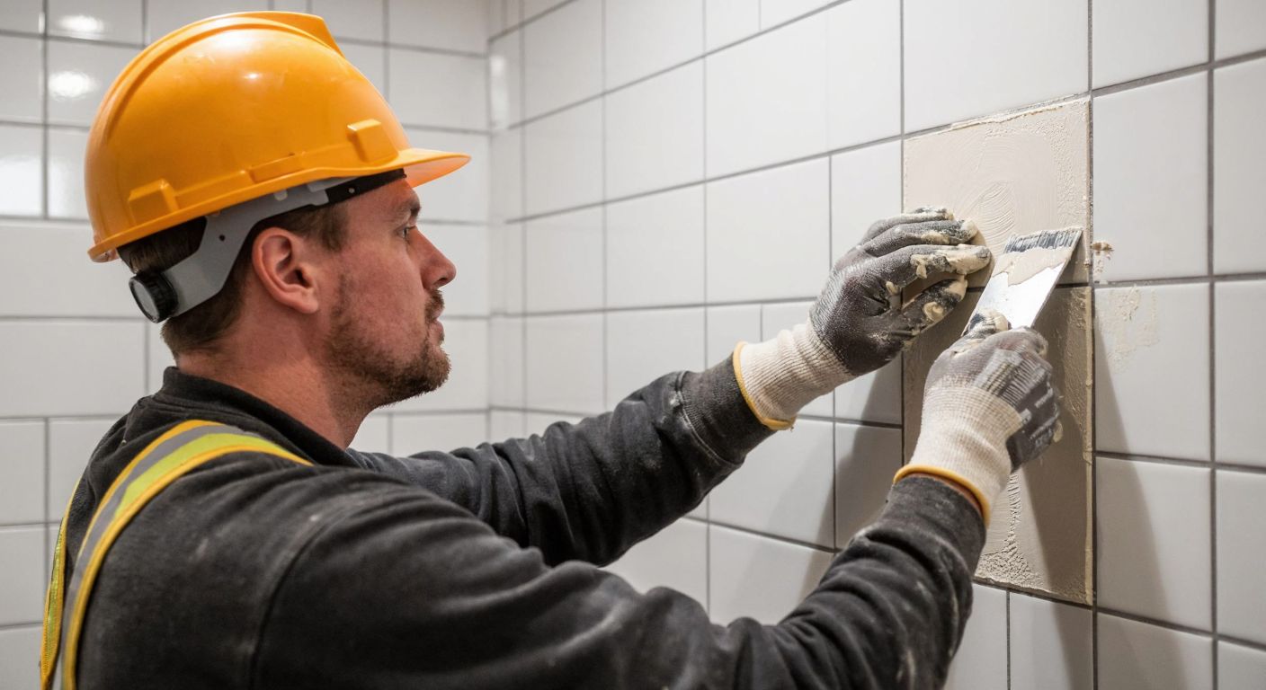A construction worker in a hard hat carefully applies a creamy adhesive with a trowel onto a bathroom wall covered in white ceramic tiles, with bags of Kalekim 1051 and 4001 products visible in the background.