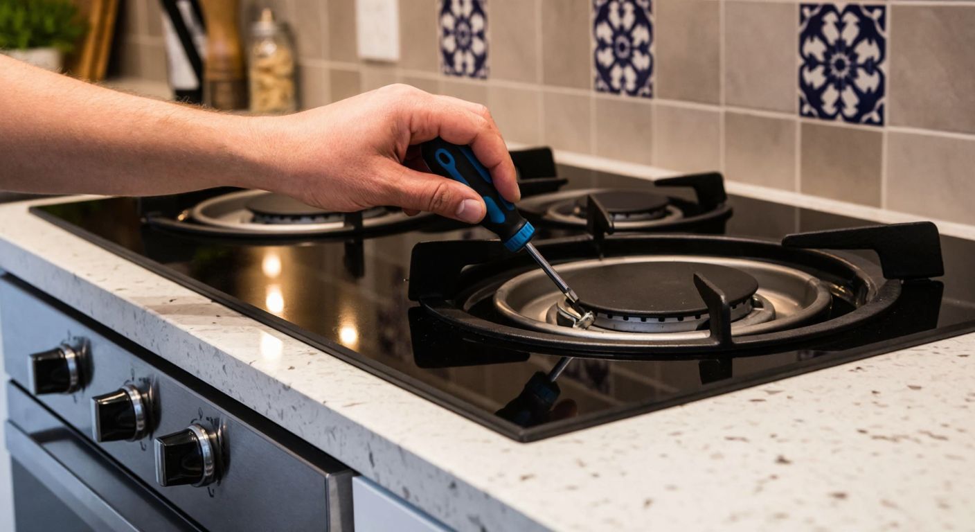 A close-up of a person's hands using a screwdriver to loosen screws beneath a sleek, modern built-in stove in a Turkish kitchen, with a faint reflection of a marble countertop and traditional ceramic tiles in the background.
