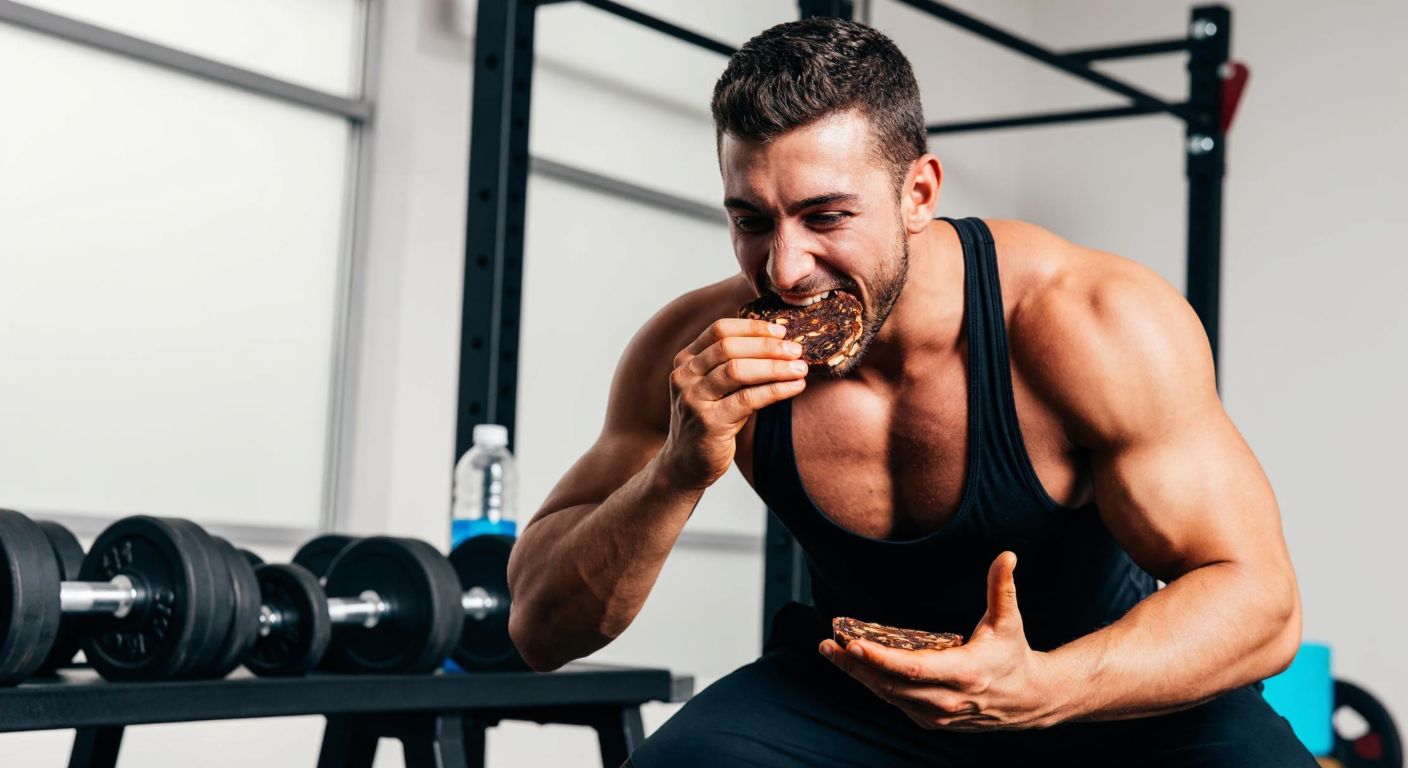A muscular athlete in a gym, mid-workout, biting into a slice of dark, sticky cevizli sucuk (walnut sausage) with a focused yet satisfied expression, surrounded by dumbbells and a water bottle.