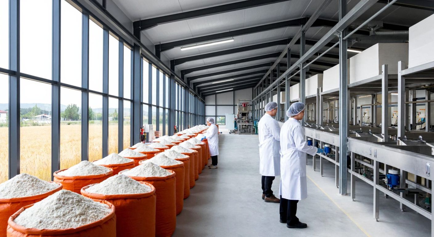 A modern, spacious industrial facility in Kayseri with workers in white lab coats and hairnets carefully inspecting gluten-free flour production lines, surrounded by sacks of flour and wheat fields visible through large windows.