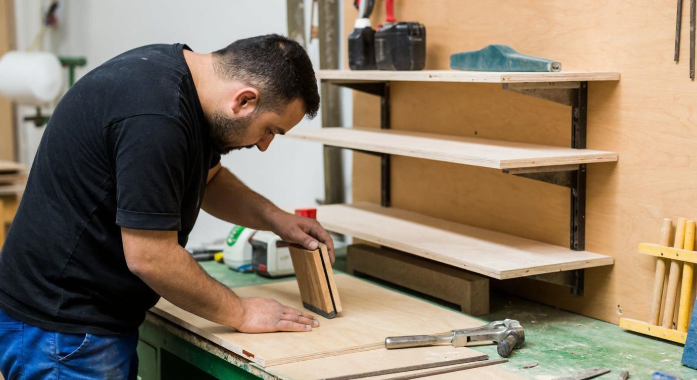 A Turkish craftsman in a workshop carefully measuring and sanding a wooden shelf, surrounded by tools and materials like MDF boards and metal brackets.