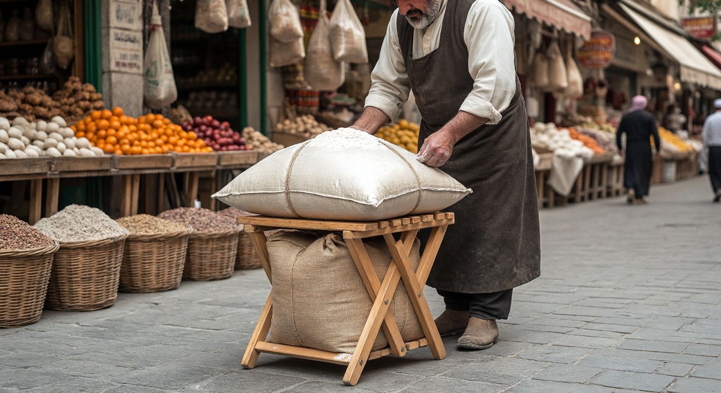 A sturdy, accordion-style folding stool in a Turkish bazaar setting, supporting a large sack of flour to visually represent its weight capacity, with a vendor in traditional attire demonstrating its durability.