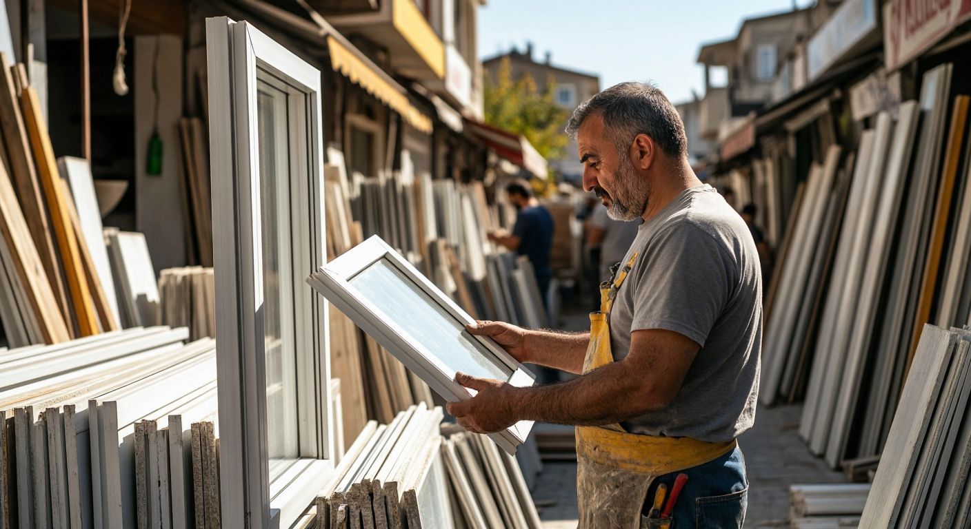 A Turkish homeowner carefully inspecting a used white PVC window frame under sunlight, with a craftsman nearby holding tools, both standing in a bustling second-hand construction materials market.