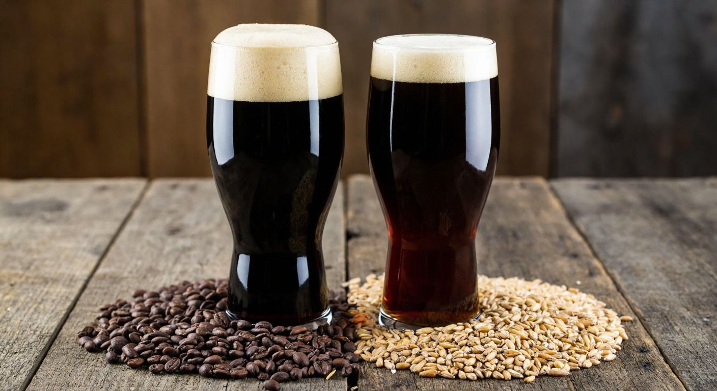 Two dark beer glasses side by side on a rustic wooden table—one filled with a pitch-black stout topped with a creamy tan foam, the other with a deep brown porter and a lighter head—surrounded by roasted barley grains and cocoa beans to emphasize their distinct flavors.