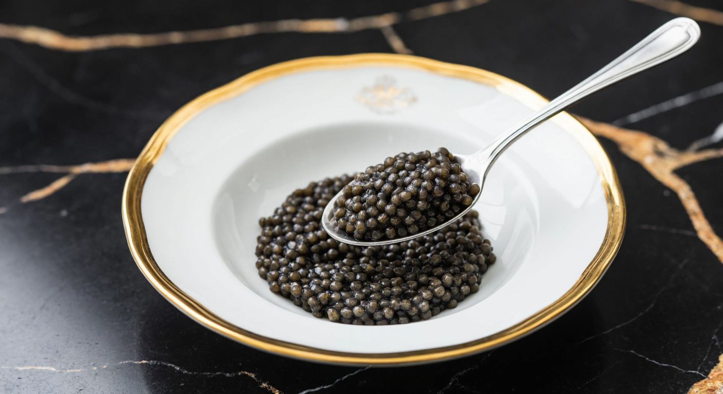 A luxurious silver spoon scooping glistening black Beluga caviar pearls from a delicate porcelain dish, set against a dark marble table with a golden rim.