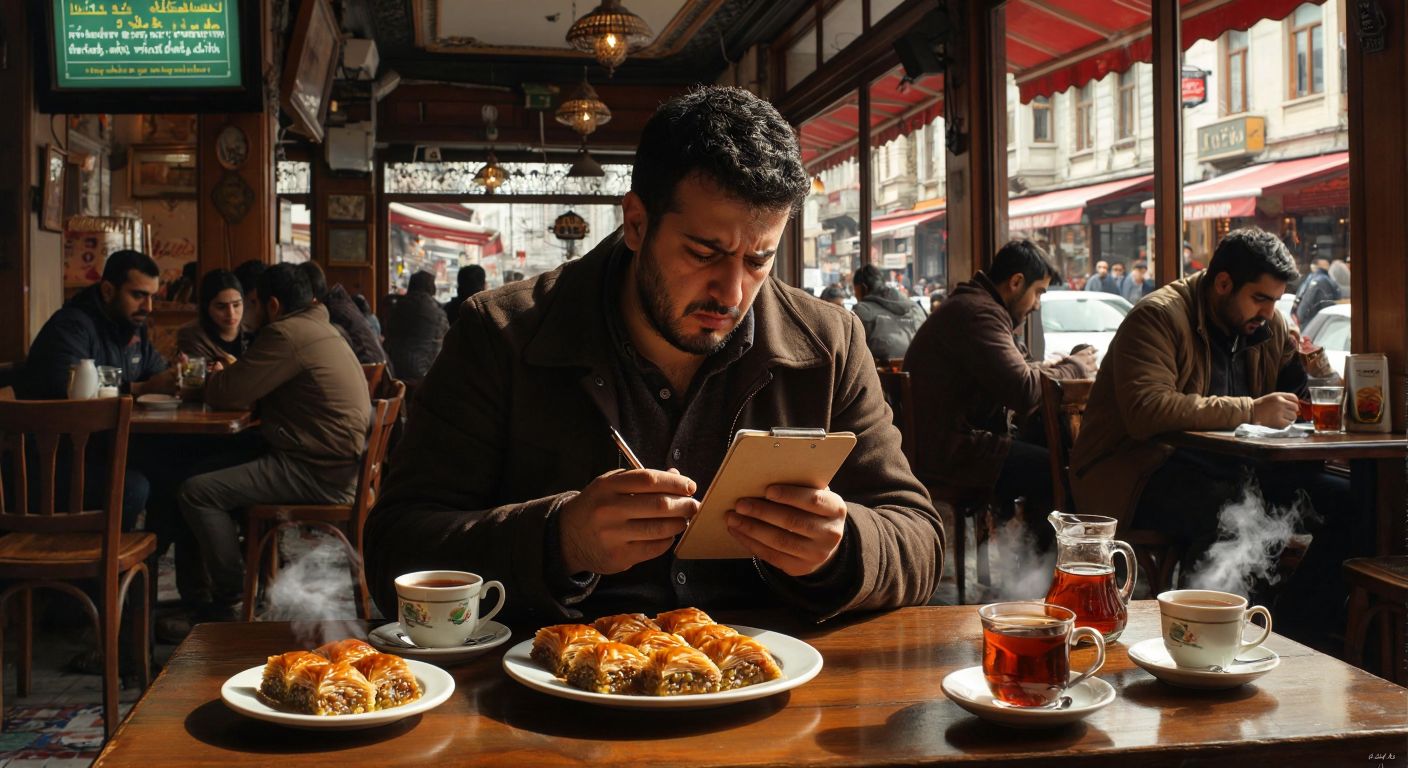 A Turkish man in a bustling Istanbul café frowns at his phone while holding a small notebook, surrounded by steaming cups of çay and a plate of baklava.