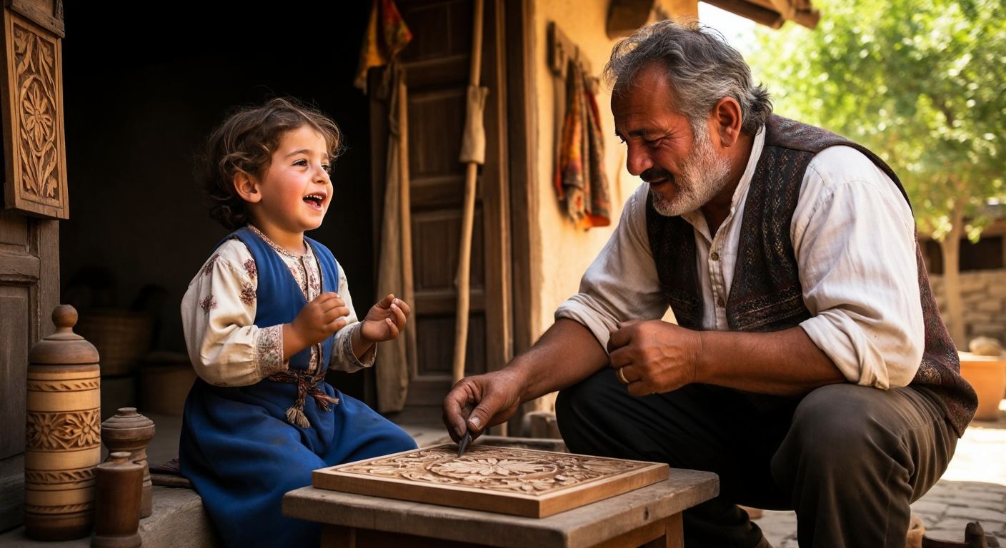 A young Turkish child confidently singing on a village stage, while an older craftsman nearby carefully carves intricate patterns into wood, embodying innate talent and honed skill.