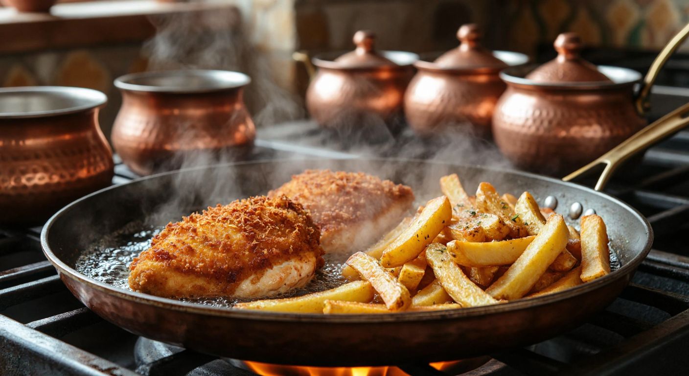 A golden-brown crispy chicken breast and thick-cut potato fries sizzling together in a bubbling pan of hot oil, with steam rising and a Turkish kitchen backdrop featuring traditional ceramic bowls and copper pots.