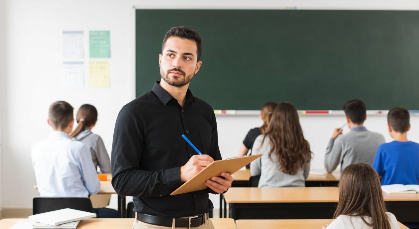 A Turkish teacher in a classroom setting, holding a clipboard and looking thoughtfully at a group of middle and high school students seated at wooden desks, with a chalkboard in the background.