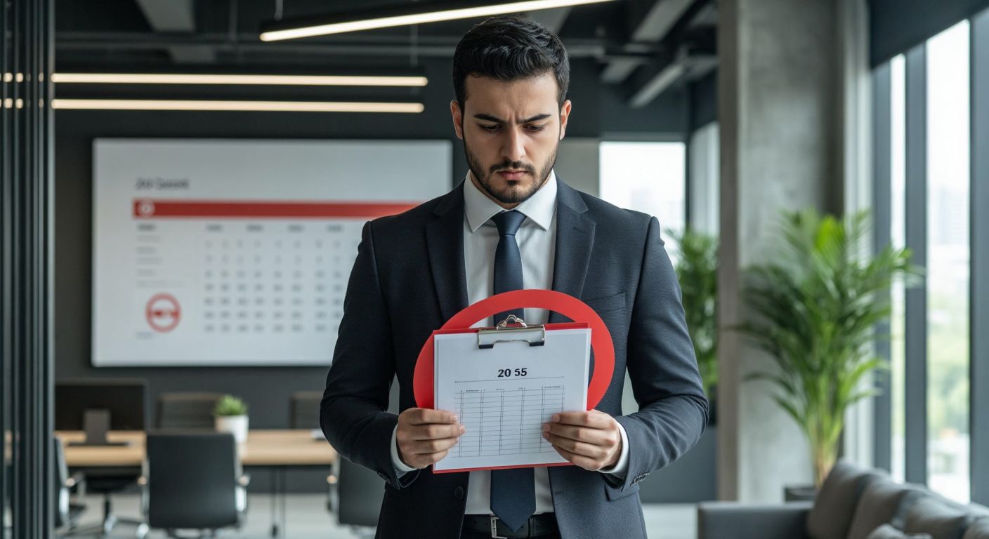 A serious businessman in a suit stands in a modern Turkish office, holding a document labeled "2025 Strategy Report" while checking a calendar with a red circle around June 10th.