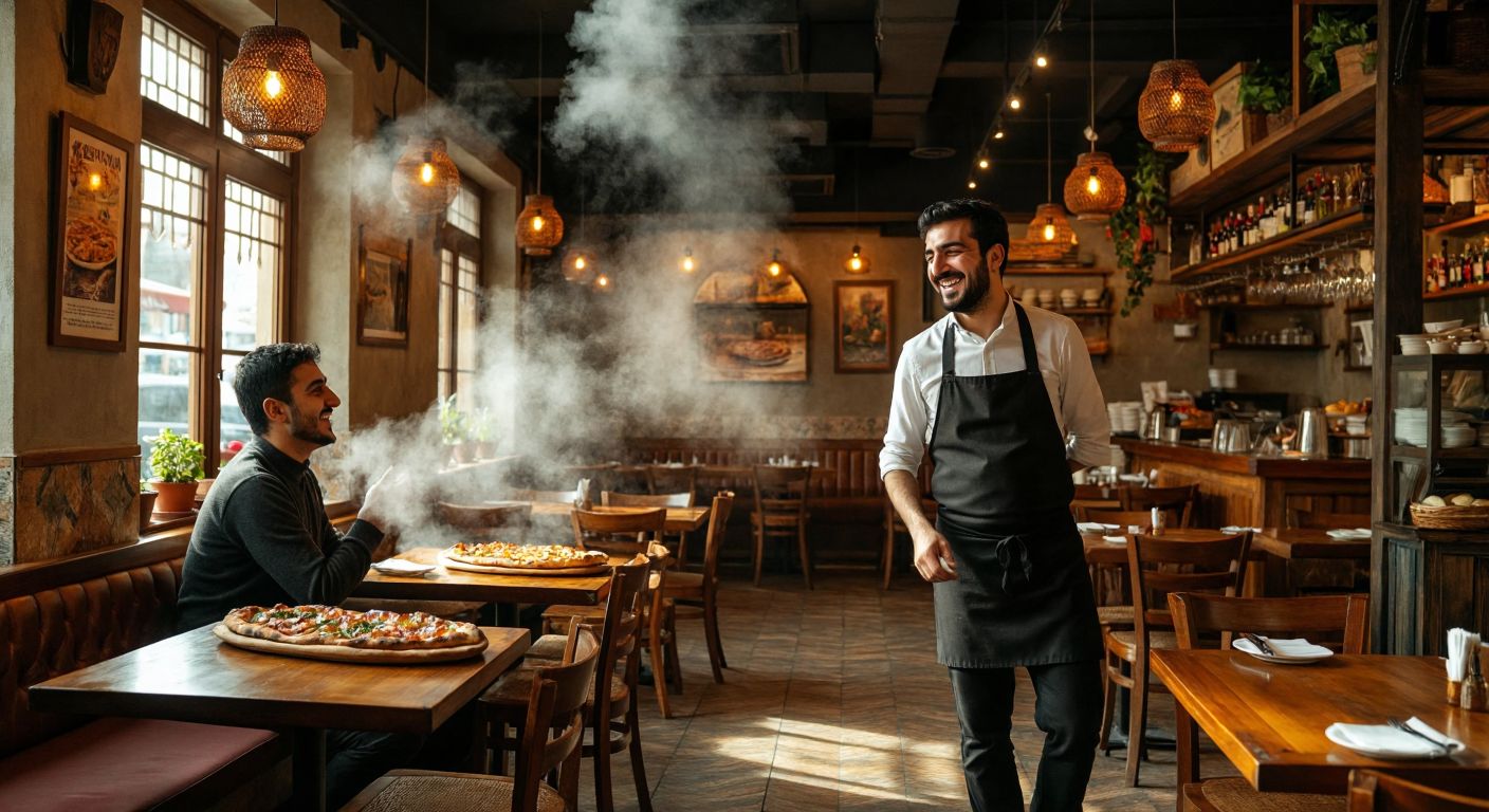 A cozy Turkish pide restaurant with warm wooden tables, steam rising from freshly baked pide, and a smiling waiter shaking his head politely in response to a customer's question.