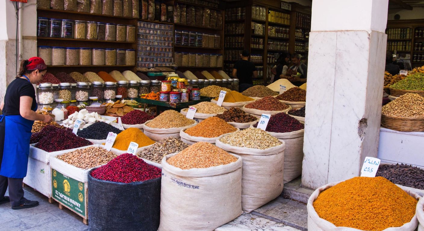 A bustling Turkish marketplace with sacks of lentils and grains stacked high, surrounded by colorful bins of dried fruits, nuts, and spices, as merchants in aprons weigh goods for customers.