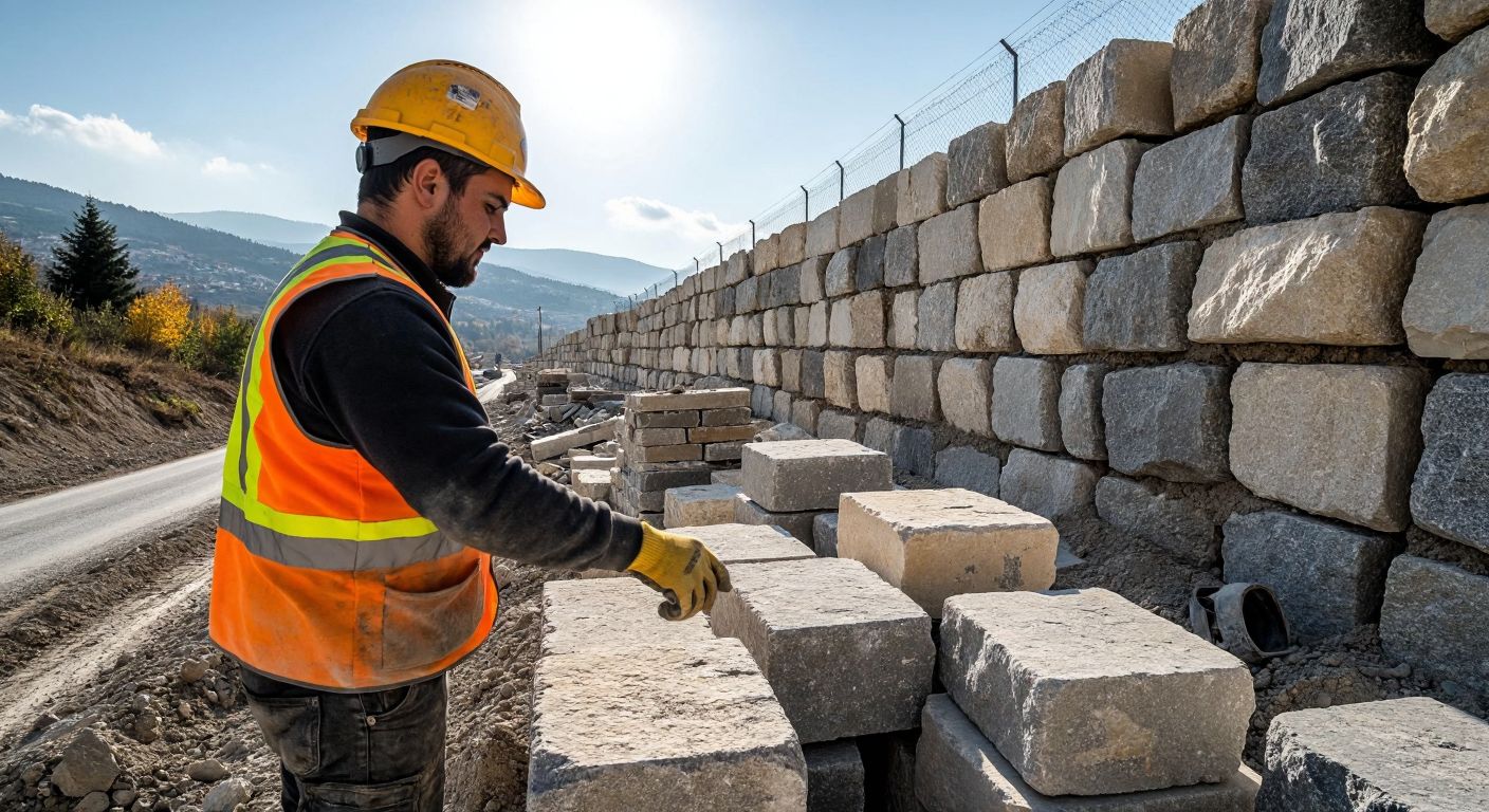 A Turkish construction worker in a hard hat and reflective vest carefully stacks rough-cut stone blocks to build a roadside wall, with piles of different stone types and tools scattered nearby under a bright sun.