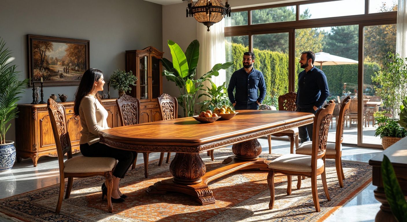 A well-crafted wooden dining table with intricate carvings, surrounded by satisfied Turkish customers admiring its craftsmanship in a cozy, sunlit furniture showroom.