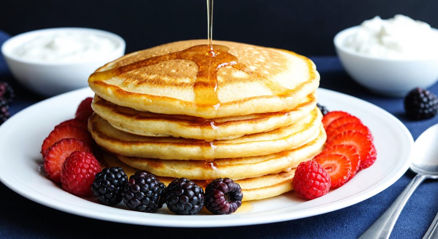 A golden-brown stack of fluffy protein pancakes on a white plate, drizzled with honey, surrounded by fresh berries, with a small bowl of yogurt and a teaspoon on the side, evoking a healthy and appetizing breakfast in a Turkish home.
