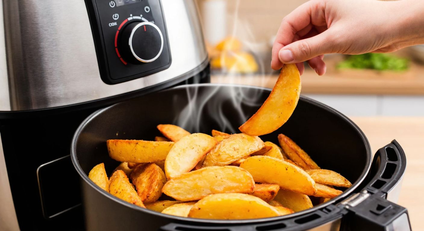 A golden-brown pile of crispy potato wedges in an air fryer basket, with steam rising and a hand adjusting the temperature dial to 200°C, set against a warm kitchen backdrop.