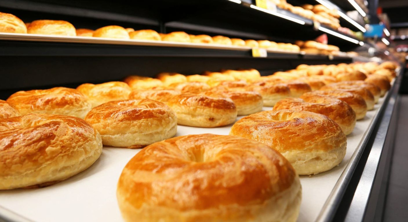 A warm bakery aisle in a Migros supermarket, with golden-brown, flaky *boyoz* pastries neatly arranged on a tray, evoking the savory aroma of Izmir’s street food.