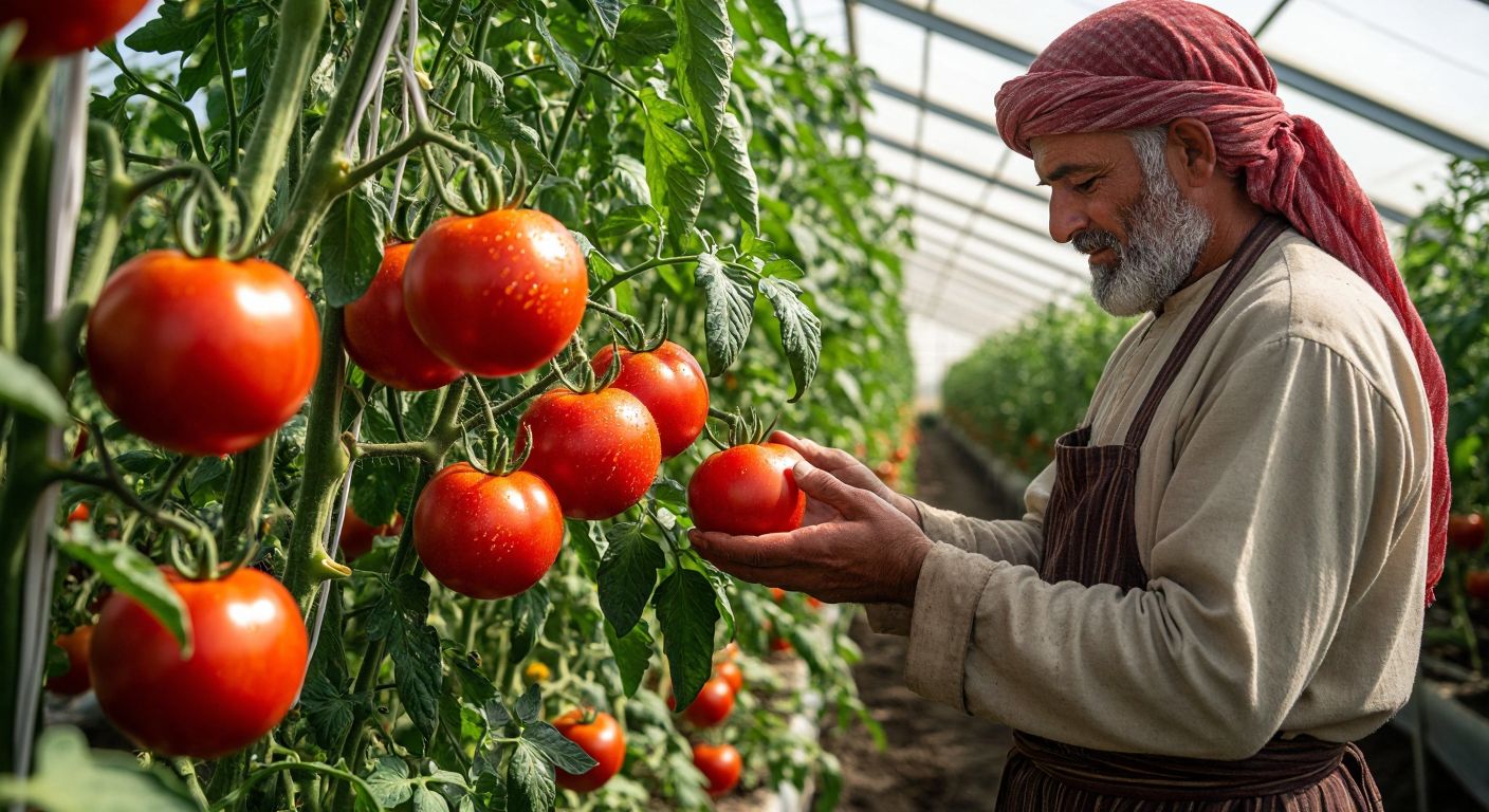 A sunlit Turkish greenhouse with vibrant green vines heavy with plump, deep-red Taylor tomatoes, their smooth skins glistening with dew, while a farmer in traditional loose clothing gently inspects the ripe, juicy fruits.