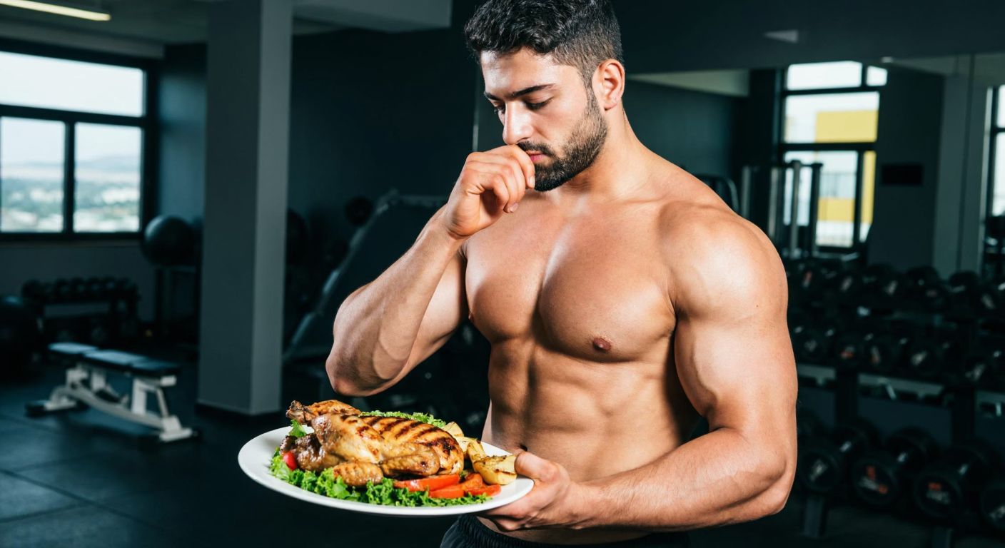 A muscular Turkish man in a gym, holding a plate of grilled chicken and vegetables, with a thoughtful expression as he balances nutrition and fitness.