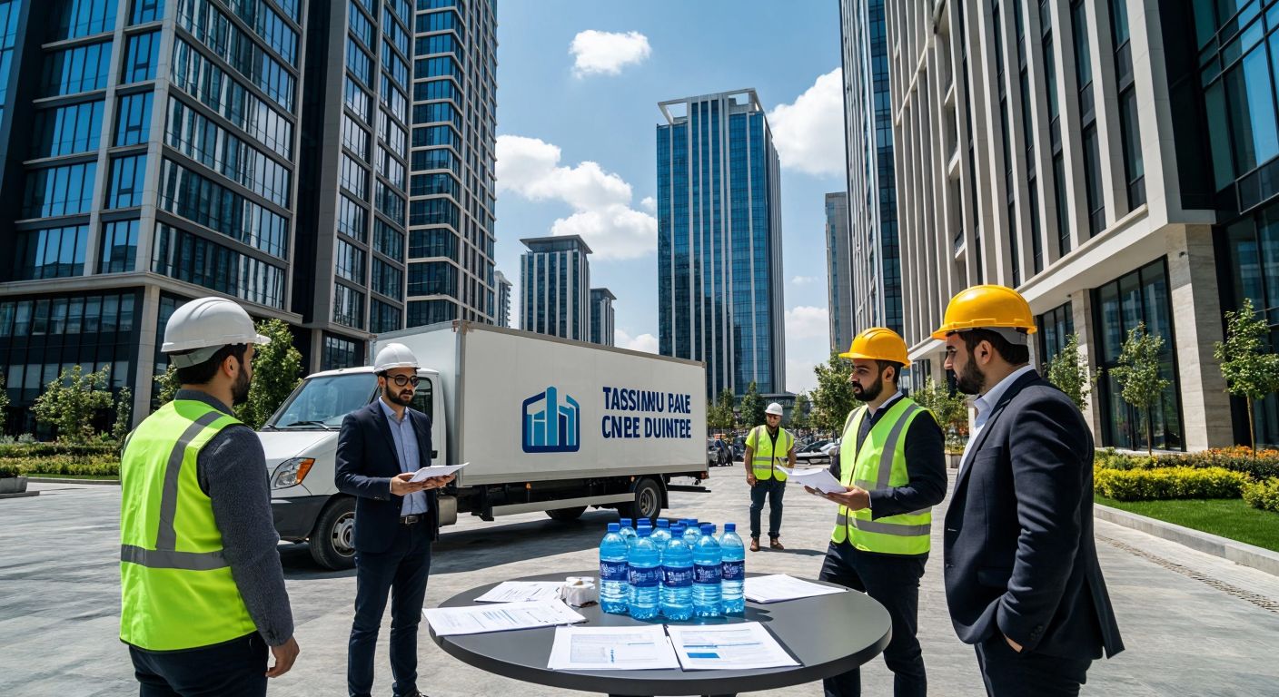 A bustling Turkish business district with modern office buildings, a delivery truck branded with water bottles and fast-moving consumer goods, construction workers in hard hats inspecting a high-rise project, and professionals in suits discussing documents over a table.