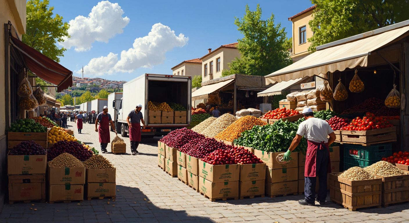 A bustling Turkish wholesale food market with stacked sacks of grains, crates of fresh produce, and workers in aprons loading goods into delivery trucks under a bright sun.