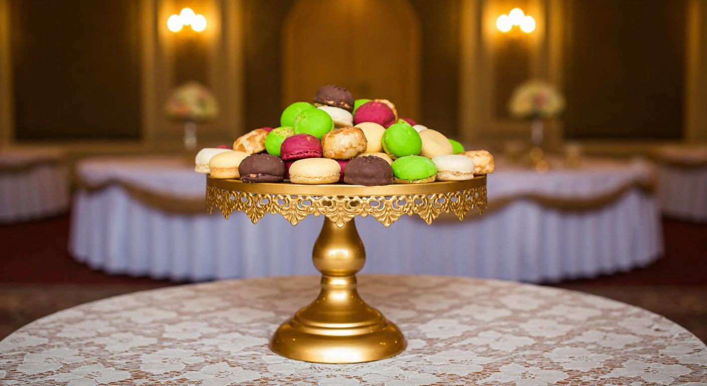 A tall, gold-colored round cake stand with intricate detailing, displaying a tiered arrangement of colorful pastries and cookies, placed on a lace-covered table in a warmly lit Turkish wedding hall.