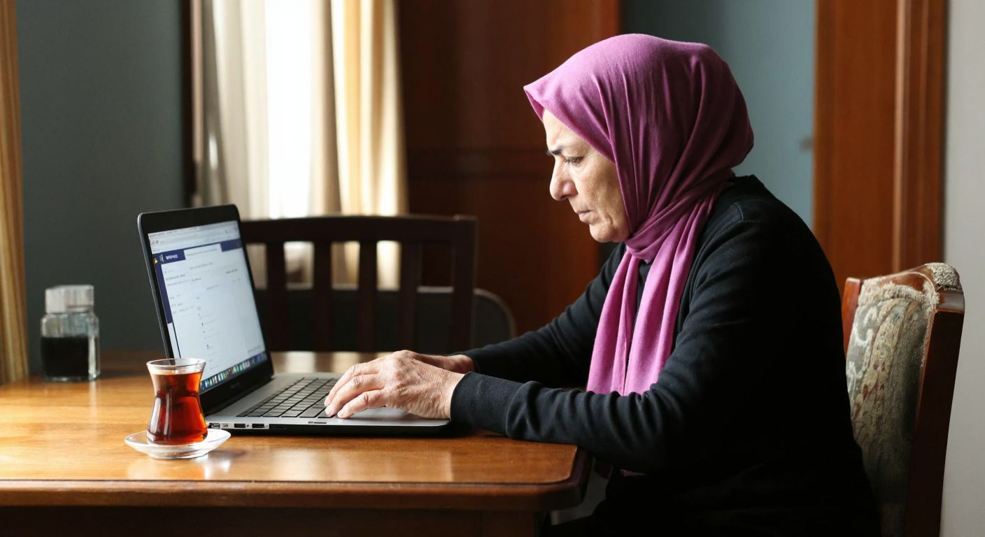 A concerned elderly woman in Ankara wearing a headscarf sits at a wooden table with a laptop displaying a package tracking page, while a steaming cup of Turkish tea rests beside her.