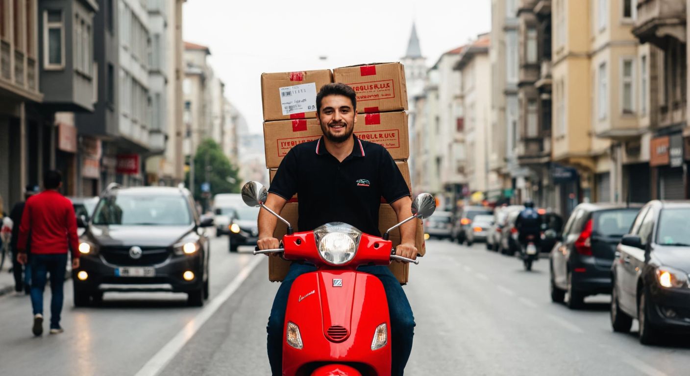 A young Turkish man in a delivery uniform confidently rides a red scooter through Istanbul’s bustling streets, balancing stacked packages while navigating traffic with a determined smile.