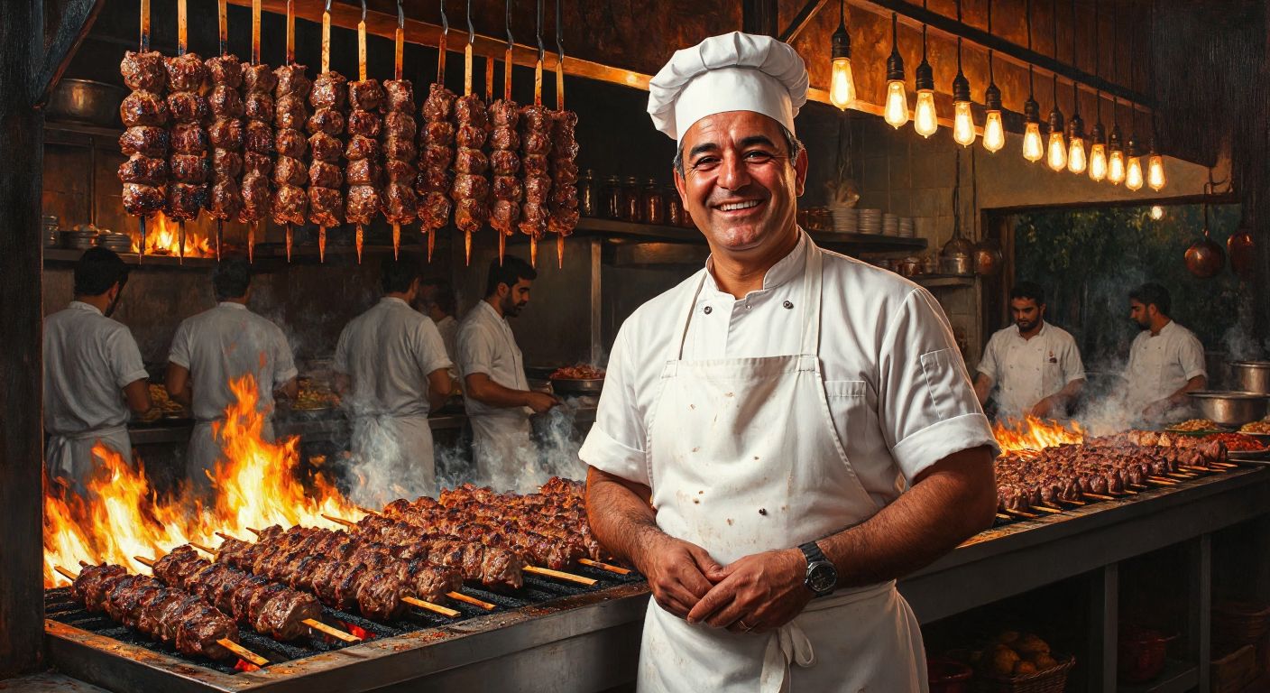 A middle-aged man with a proud smile, wearing a traditional white apron and a chef's hat, stands in front of a bustling kebab restaurant with skewers of sizzling meat roasting over glowing charcoal.