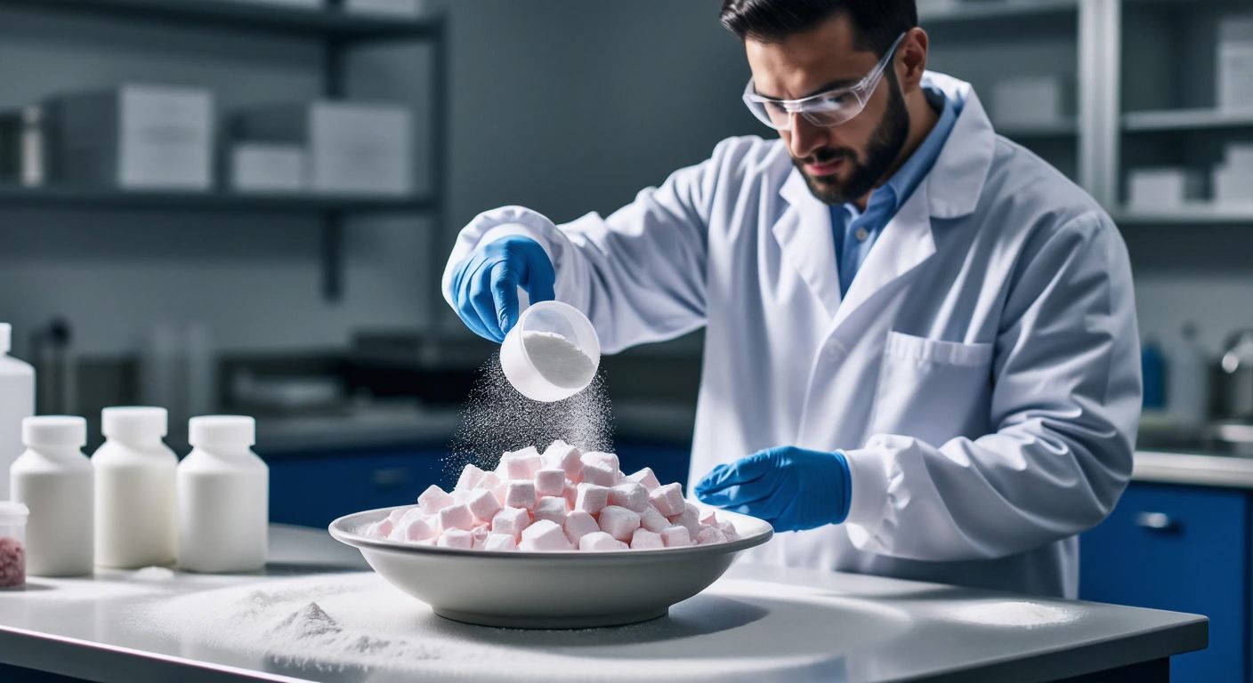 A fine white powder (Aerosil 200) being sprinkled onto a bowl of Turkish delight, with a scientist in a lab coat and gloves carefully observing the process in a clean, modern food laboratory.