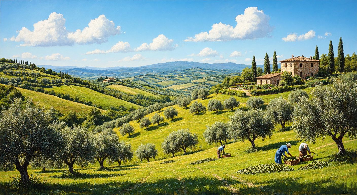 A sunlit Italian countryside with rolling green hills dotted with olive trees, a rustic stone farmhouse in the distance, and workers harvesting olives under a bright blue sky.