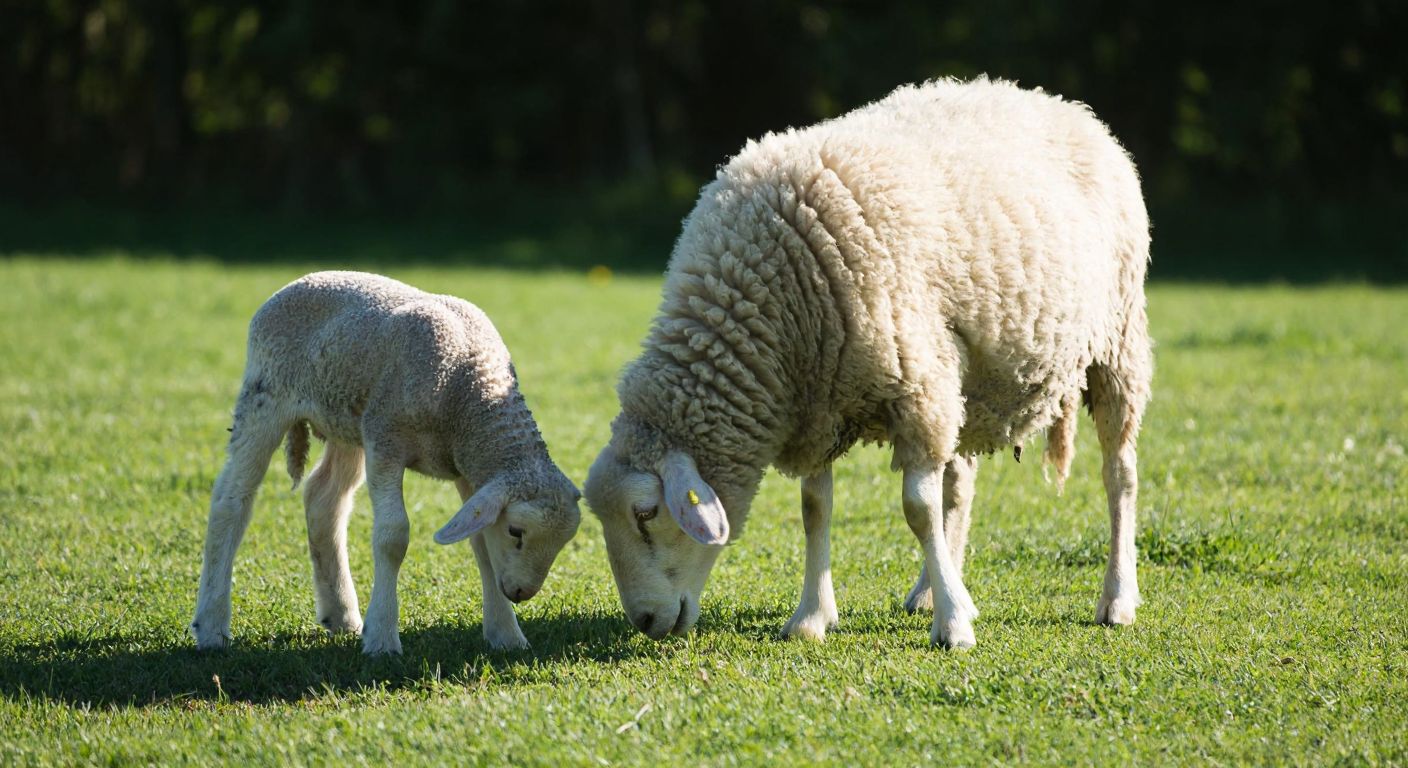 A sunlit Turkish pasture with a fluffy white lamb playfully nudging a slightly larger, sturdy young sheep (toklu) grazing on fresh green grass, their wool contrasting in texture and size.