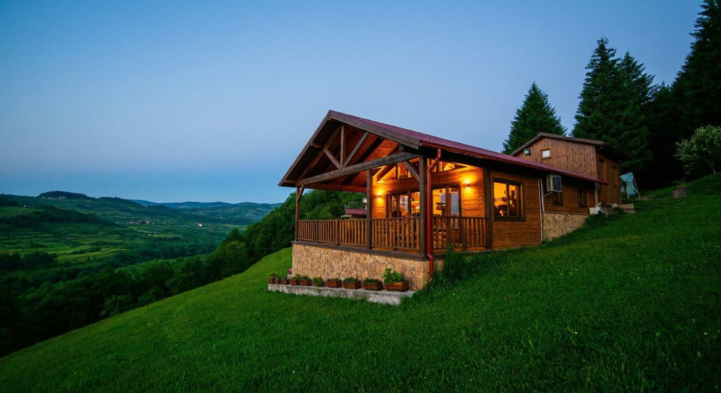 A rustic wooden restaurant nestled on a green hillside in Gölyaka, Düzce, with panoramic views of rolling countryside and a warm, inviting glow from its windows.