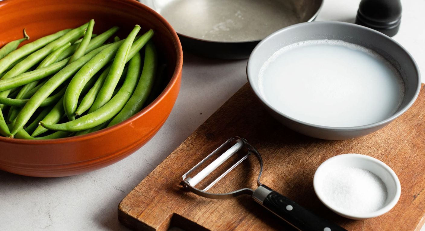A rustic Turkish kitchen counter with fresh green beans, a bowl of steaming water, a small dish of baking soda, and a peeler resting on a wooden cutting board, evoking a warm, practical cooking atmosphere.