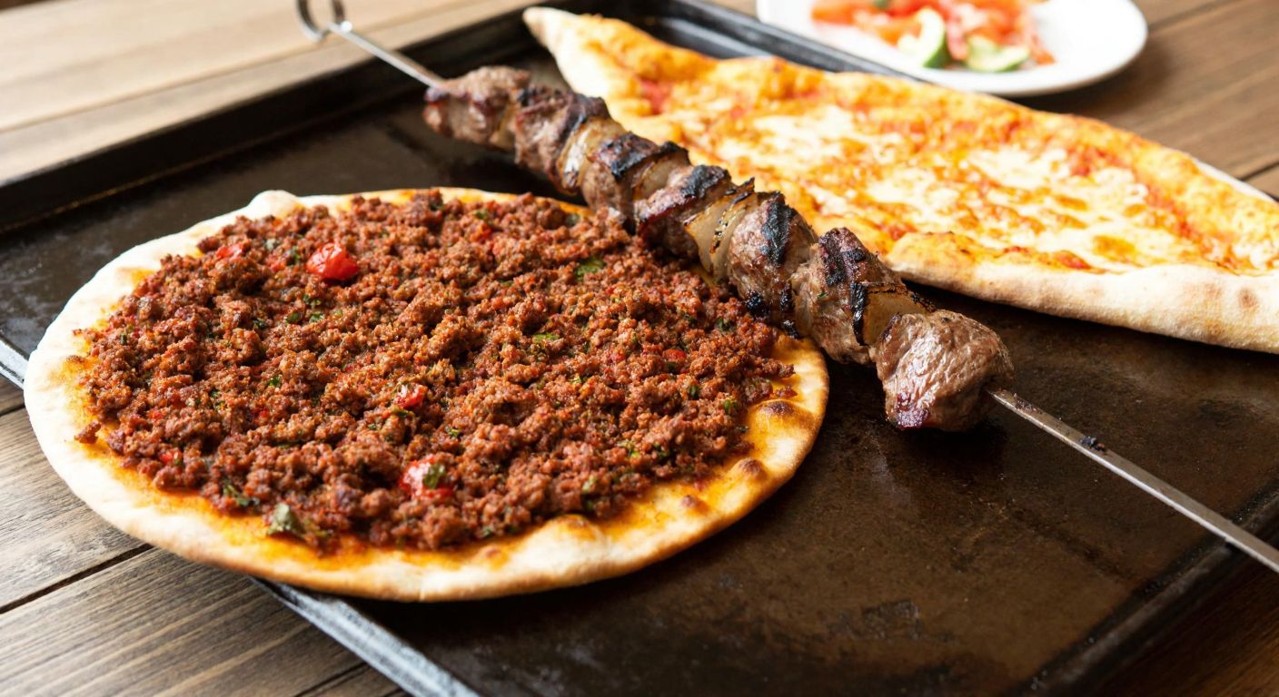 A sizzling skewer of grilled lamb kebab next to a thin, crispy lahmacun topped with spiced minced meat, both resting on a rustic wooden table in a cozy Turkish eatery.