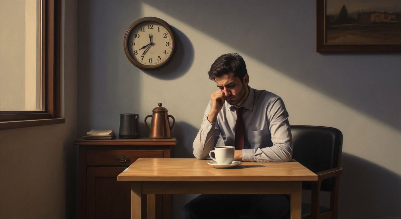 A tired office worker in Turkey sits at a small wooden table, holding a steaming cup of Turkish coffee, with a clock faintly visible on the wall behind them.