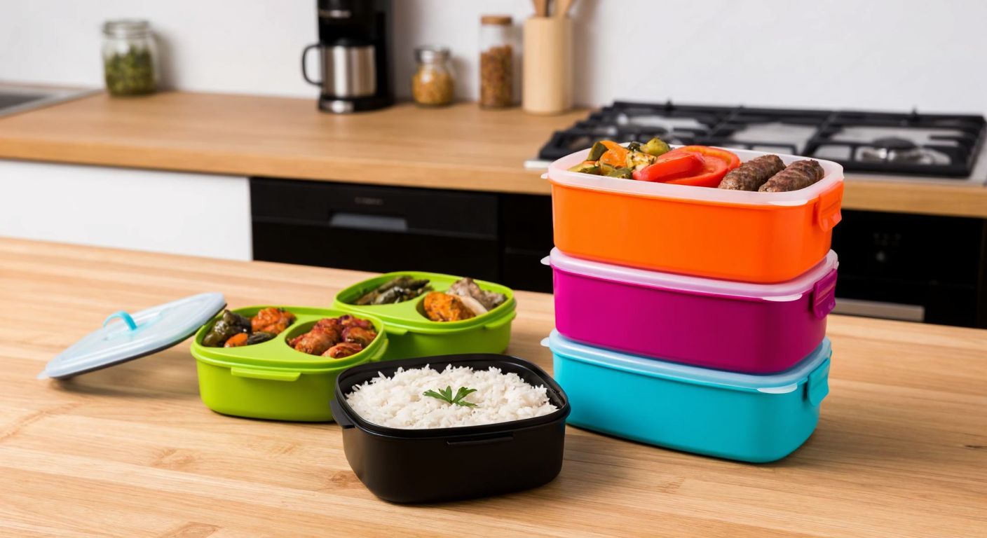 A neatly arranged stack of colorful, multi-layered Turkish lunch boxes with compartments filled with traditional dishes like kebabs, rice, and meze, placed on a wooden kitchen counter.