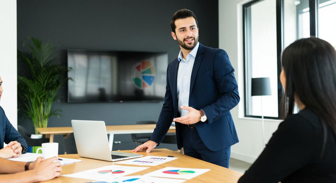 A well-dressed Turkish professional in a modern office confidently presents marketing strategies to attentive colleagues, with a laptop and colorful charts on the table.