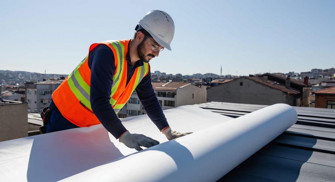 A construction worker in a hard hat unrolls a large sheet of EVA membrane on a sunlit rooftop in Istanbul, measuring its length with a focused expression.