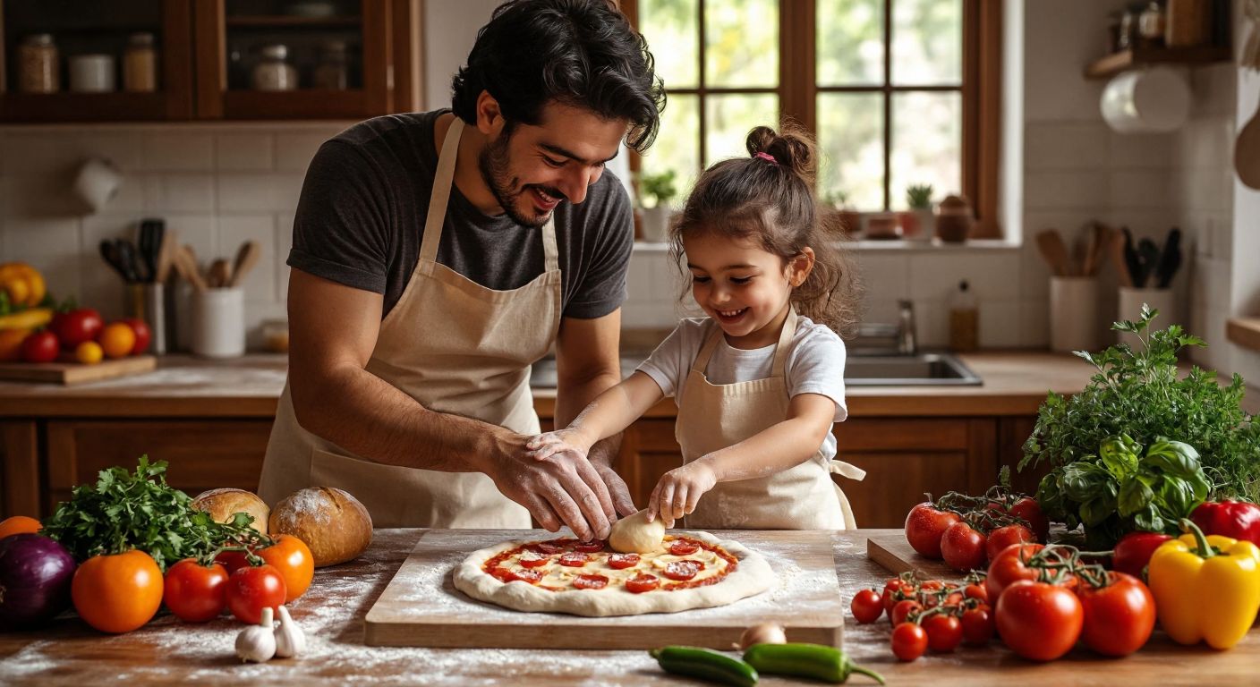 A bright, warm Turkish kitchen with a smiling parent and child wearing aprons, kneading dough for homemade pizza on a flour-dusted counter, surrounded by fresh vegetables, colorful fruits, and a small plastic knife for safe cutting.