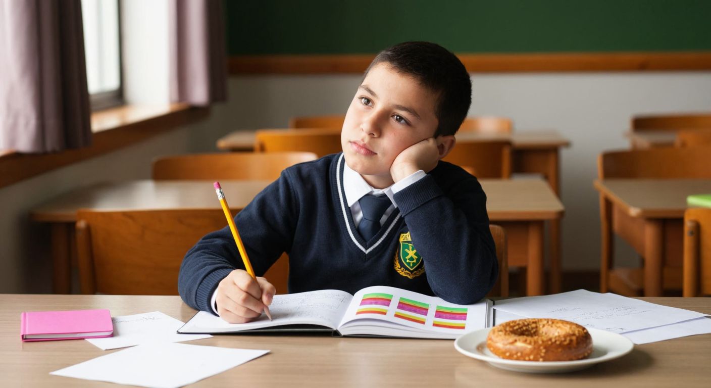 A young Turkish student in a school uniform sits at a wooden desk, thoughtfully solving math problems from a colorful workbook with a pencil in hand, surrounded by scattered papers and a half-eaten simit on a plate.