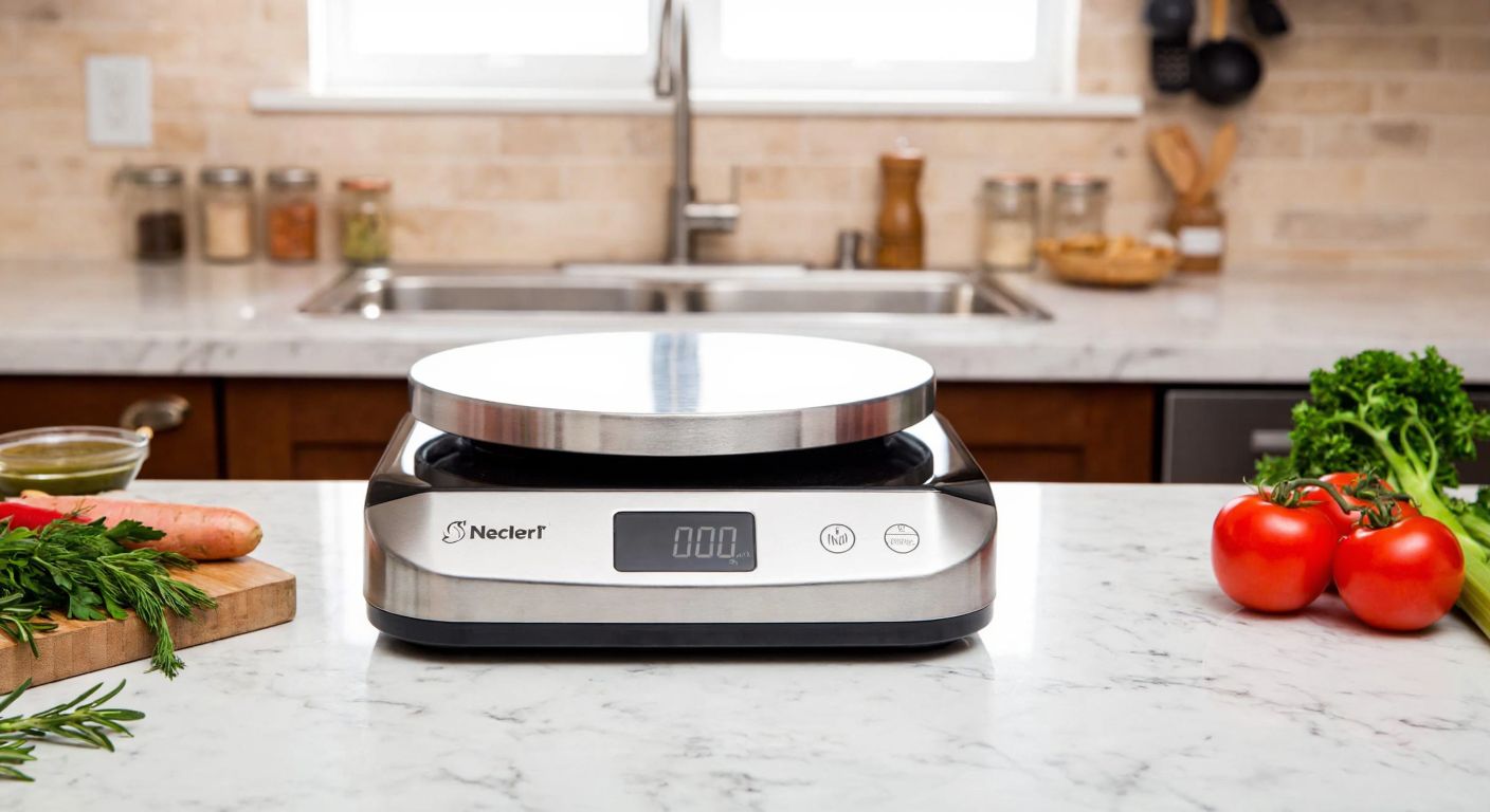A sleek, stainless steel digital kitchen scale placed on a marble countertop in a sunlit Turkish kitchen, with fresh ingredients like tomatoes and herbs beside it.