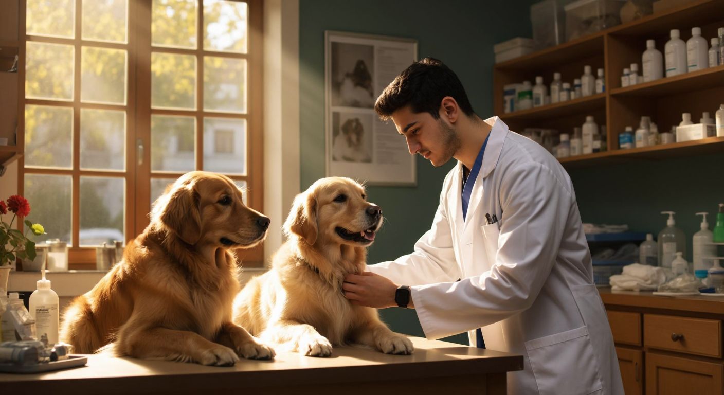 A young Turkish student in a white lab coat carefully examines a golden retriever in a sunlit veterinary clinic, surrounded by medical tools and shelves of medicine.