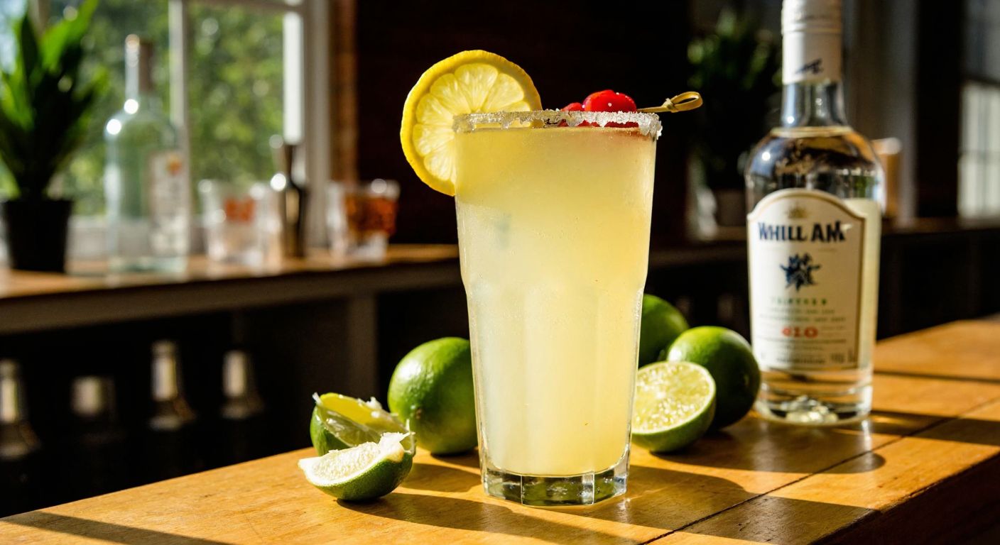 A frosty, tall cocktail glass filled with a pale yellow daiquiri, garnished with a fresh lemon slice and a maraschino cherry, resting on a sunlit wooden bar with scattered limes and a bottle of white rum nearby.