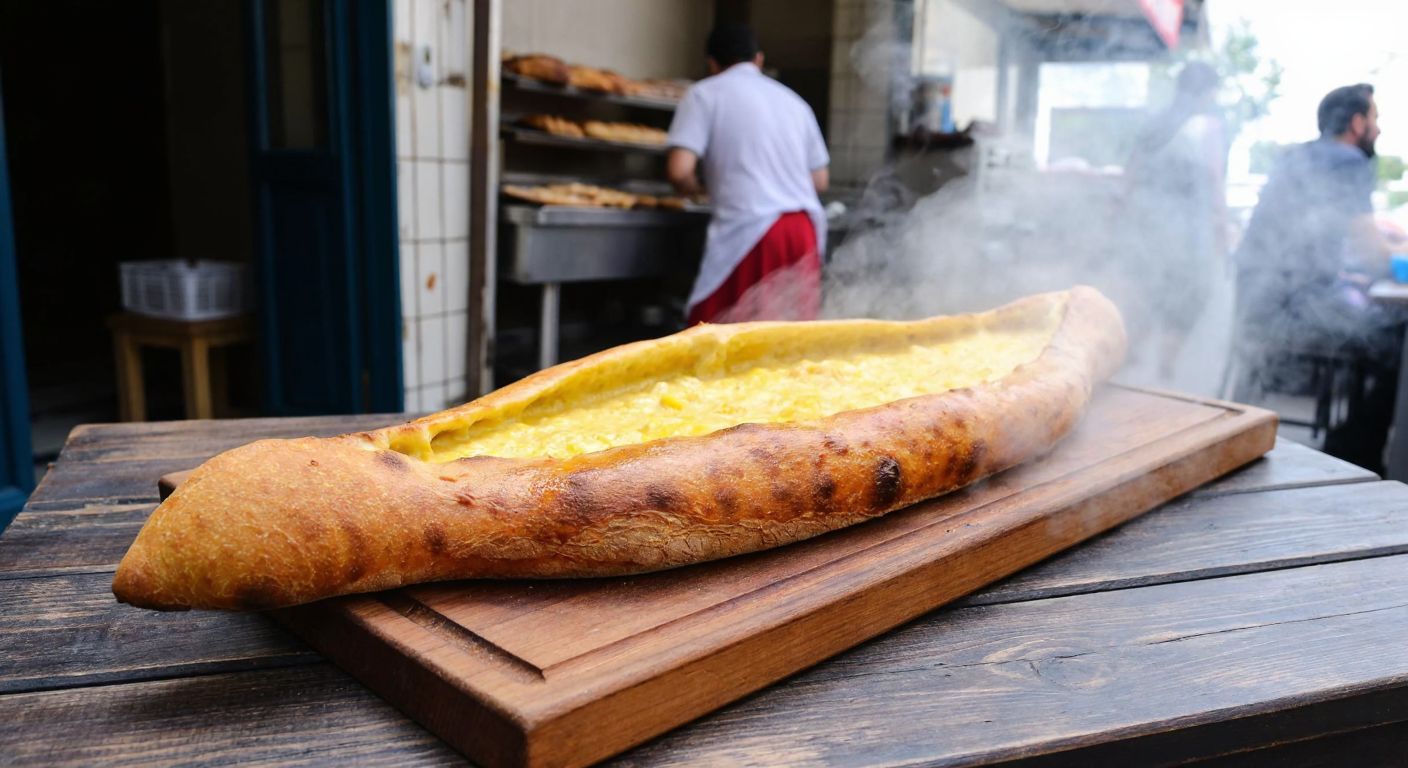 A golden, boat-shaped Samsun pide fresh from a wood-fired oven, placed on a rustic wooden table in Çarşamba, with steam rising and a backdrop of a bustling local bakery.