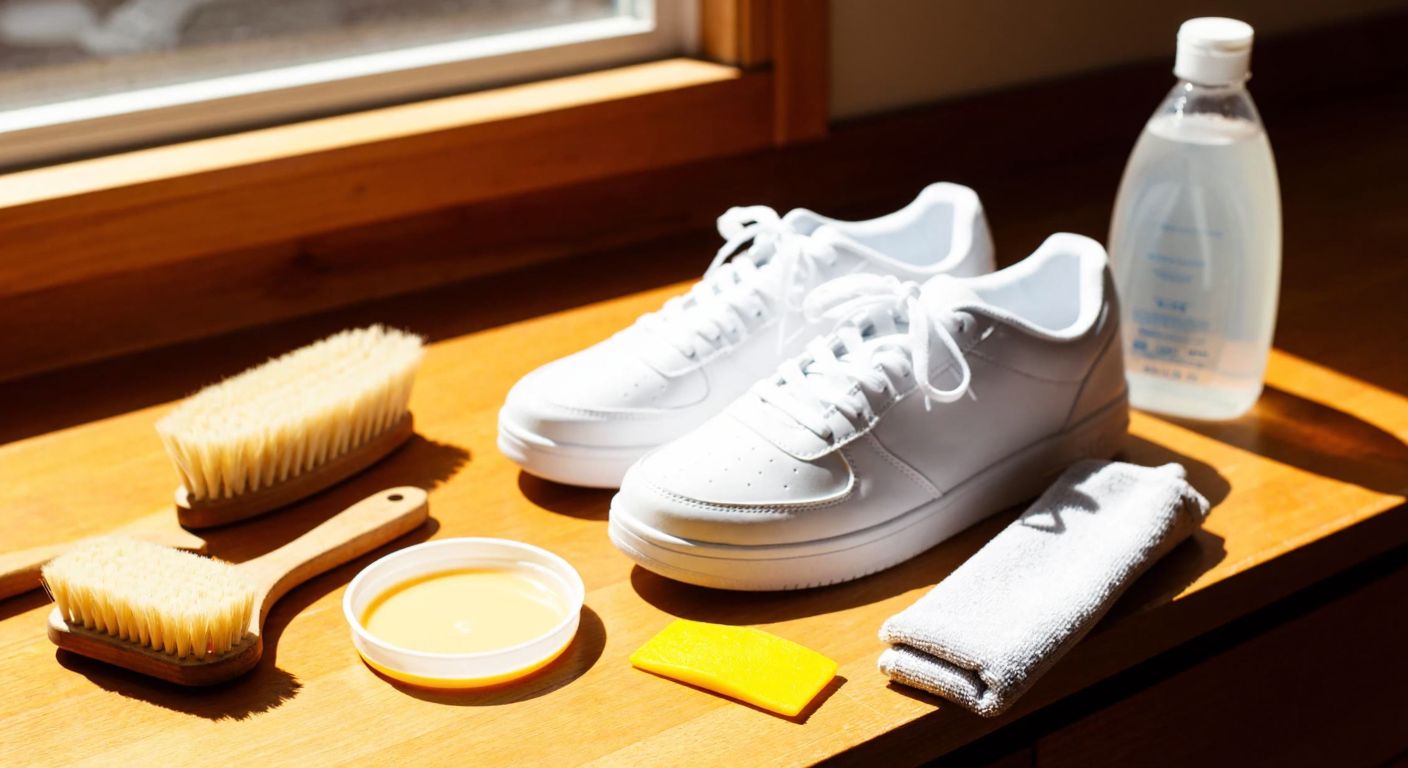 A pair of white sneakers placed on a wooden table, surrounded by cleaning supplies like a soft-bristled brush, a microfiber cloth, a small bowl of warm water with mild detergent, and a bottle of white vinegar, with sunlight streaming through a nearby window.